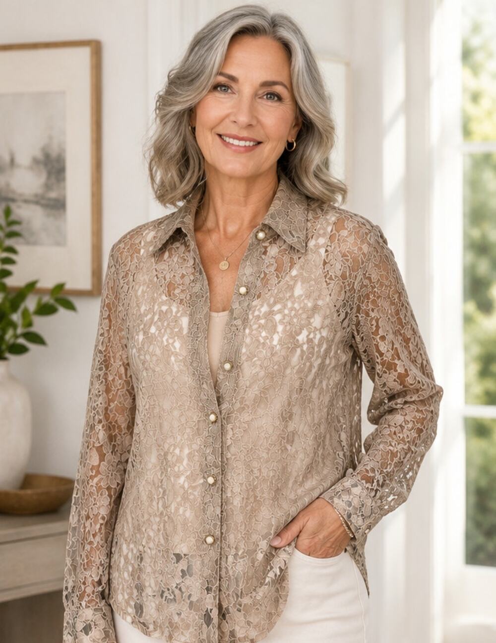Floral Lace Blouse Button Down See Through Beige Long Sleeve Romantic Boho Chic